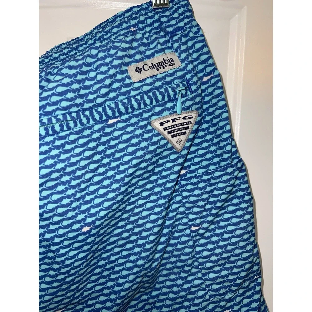 Columbia PFG Swim Trunks Men Medium Blue Drawstring Elastic Waist Lined Fish AOP